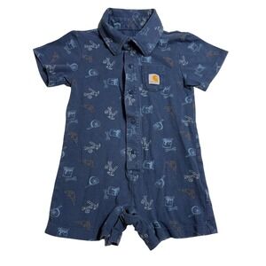 Carhartt Baby Boys 12M Blue Tool Print Short Sleeve Collared Romper Cotton